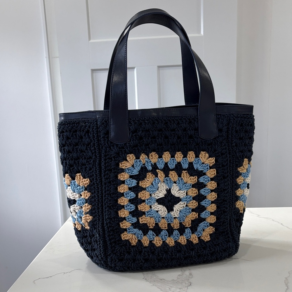 Ann Taylor Large Crochet Pattern Tote Bag - Navy, Blue, Tan, White